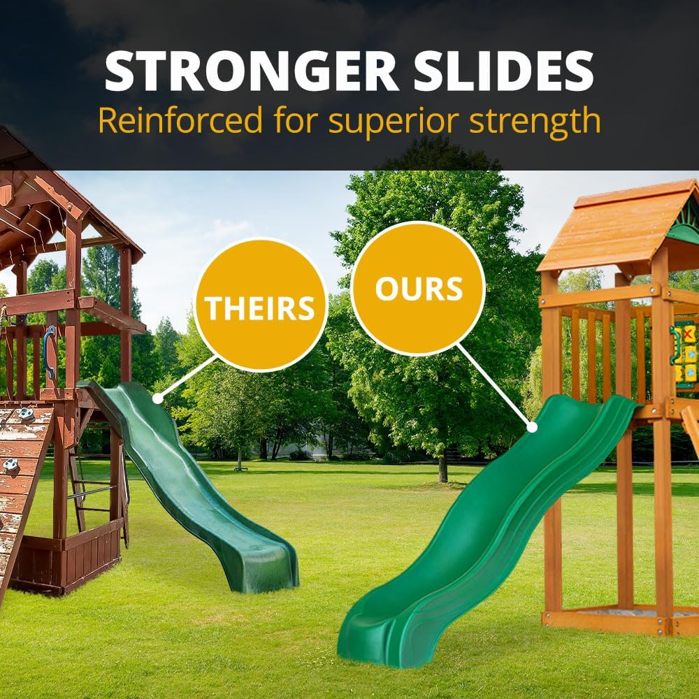 Oversized Green Vinyl Canopy Roof Wooden Swing Set with Climbing Wall, Ladder, Swings and Slide M662669