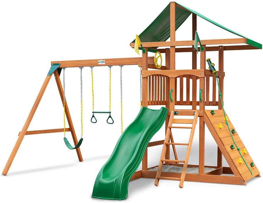 Oversized Green Vinyl Canopy Roof Wooden Swing Set with Climbing Wall, Ladder, Swings and Slide M662669