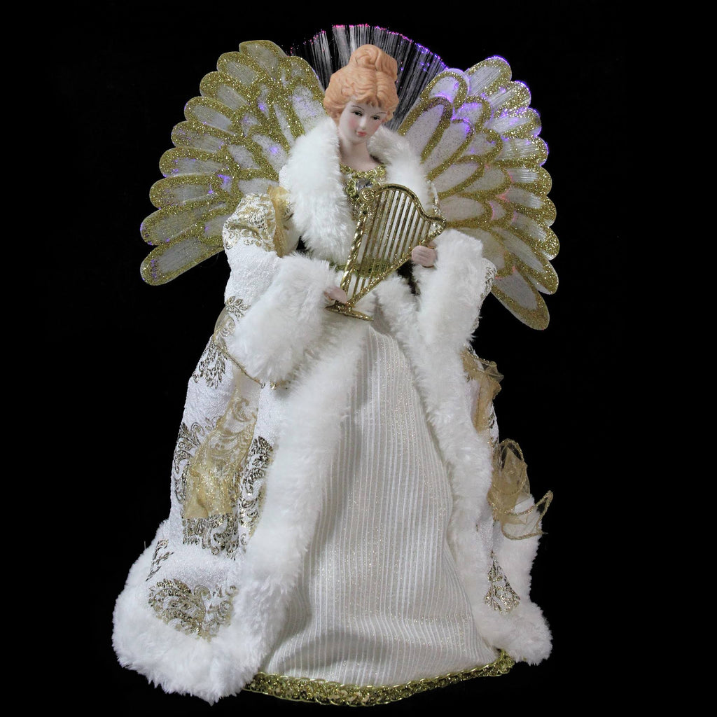 12x22 Lighted Fiber Optic Angel in Gold and Cream Gown with Harp Christmas Tree Topper T4173
