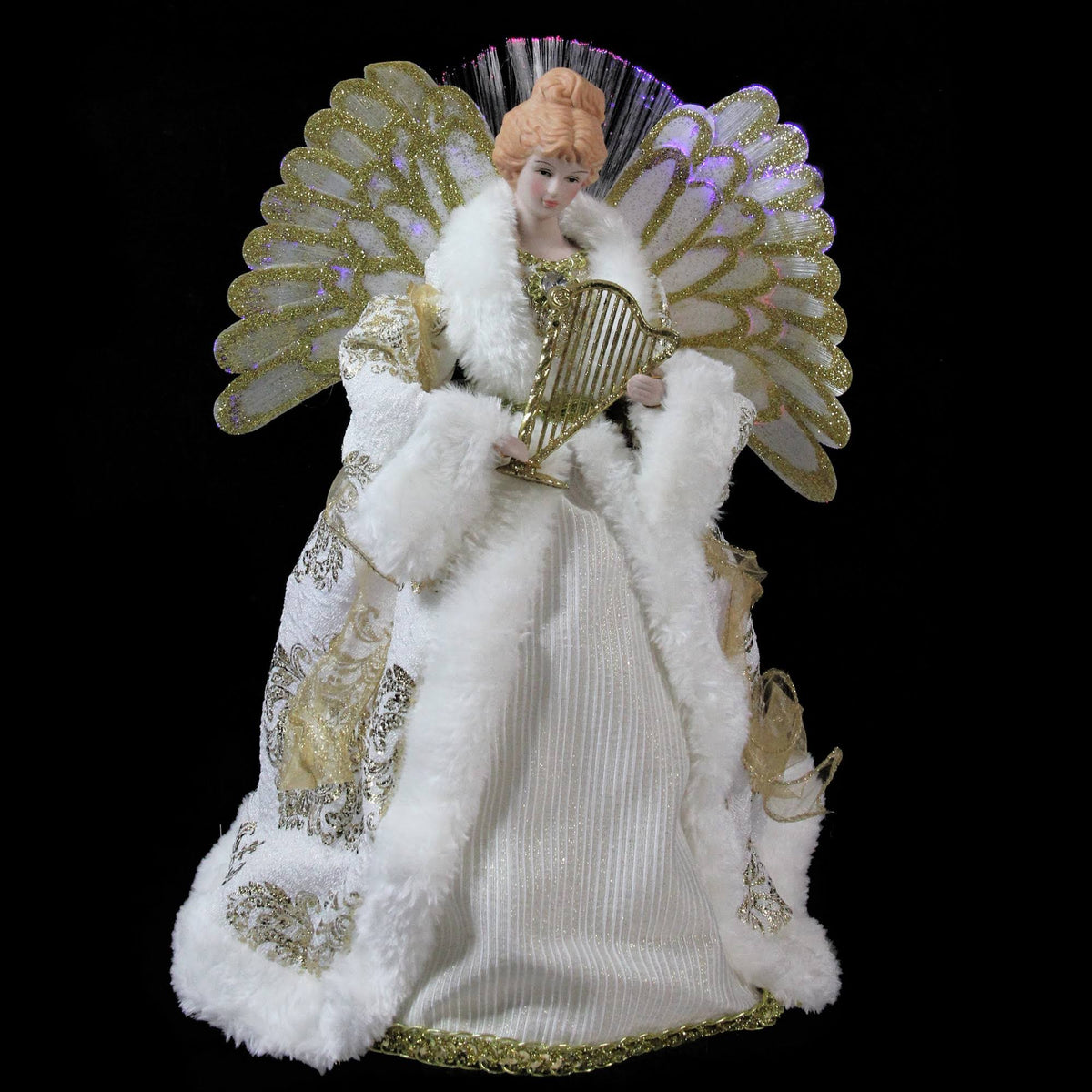 12x22 Lighted Fiber Optic Angel in Gold and Cream Gown with Harp Christmas Tree Topper T4173