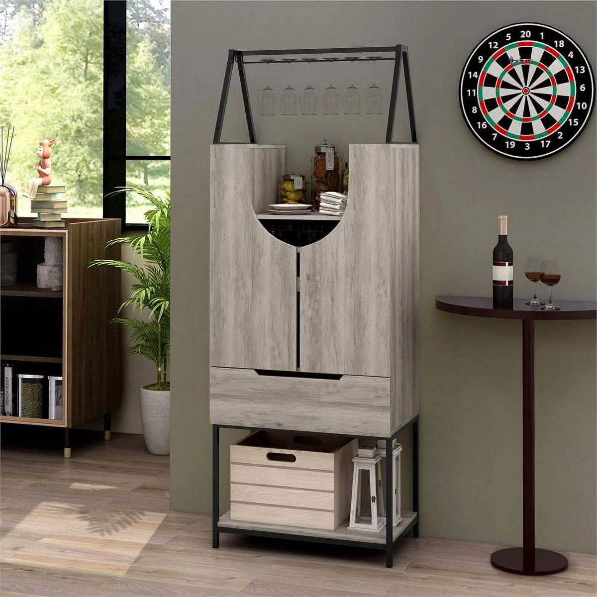 Vintage Gray Oak Wood Wine Cabinet I119