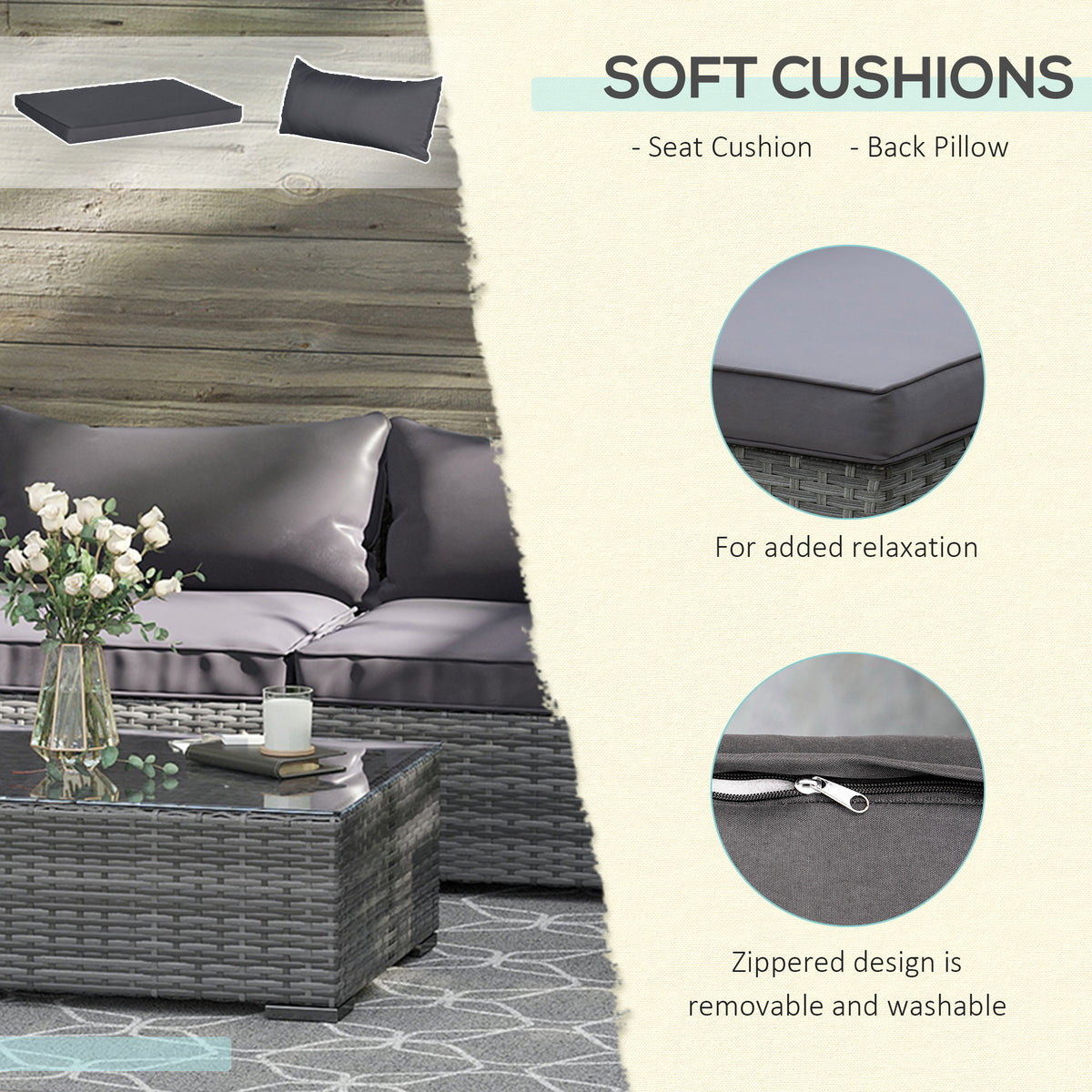 8 Pieces Gray PE Rattan Sectional Sofa with Tempered Glass Table T767