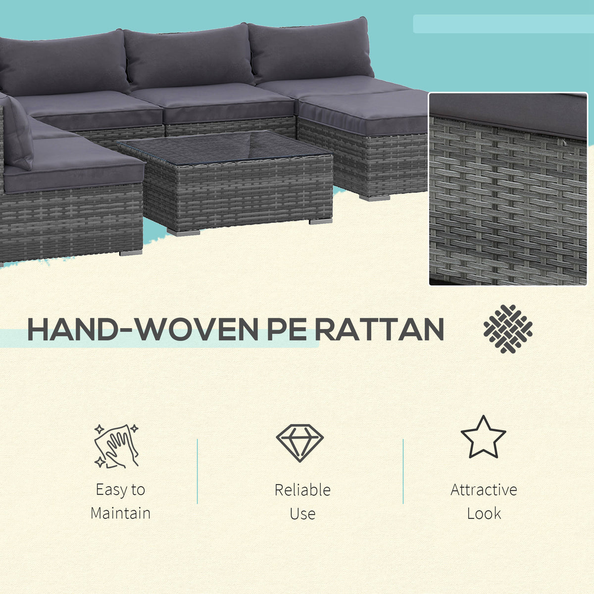 8 Pieces Gray PE Rattan Sectional Sofa with Tempered Glass Table T767