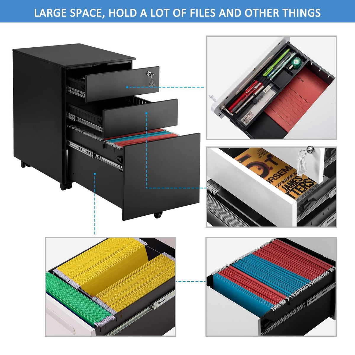 Black Metal 3 Drawer Lockable File Cabinet T873972