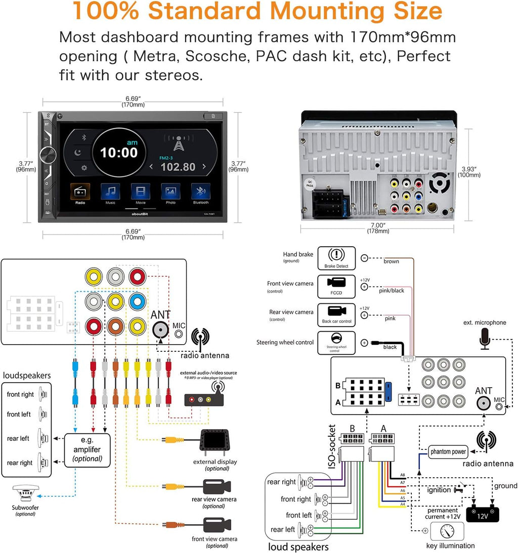 7 inch Double Din Digital Media Car Stereo Receiver with Bluetooth 5.0 Touch Screen Q895152