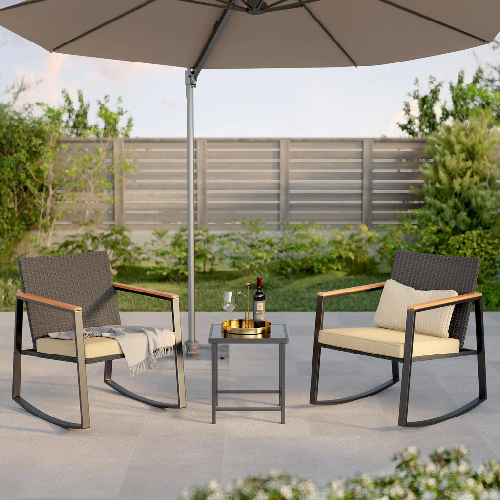 3 Pieces Patio Rocking Chairs Set with Glass Coffee Table W608701