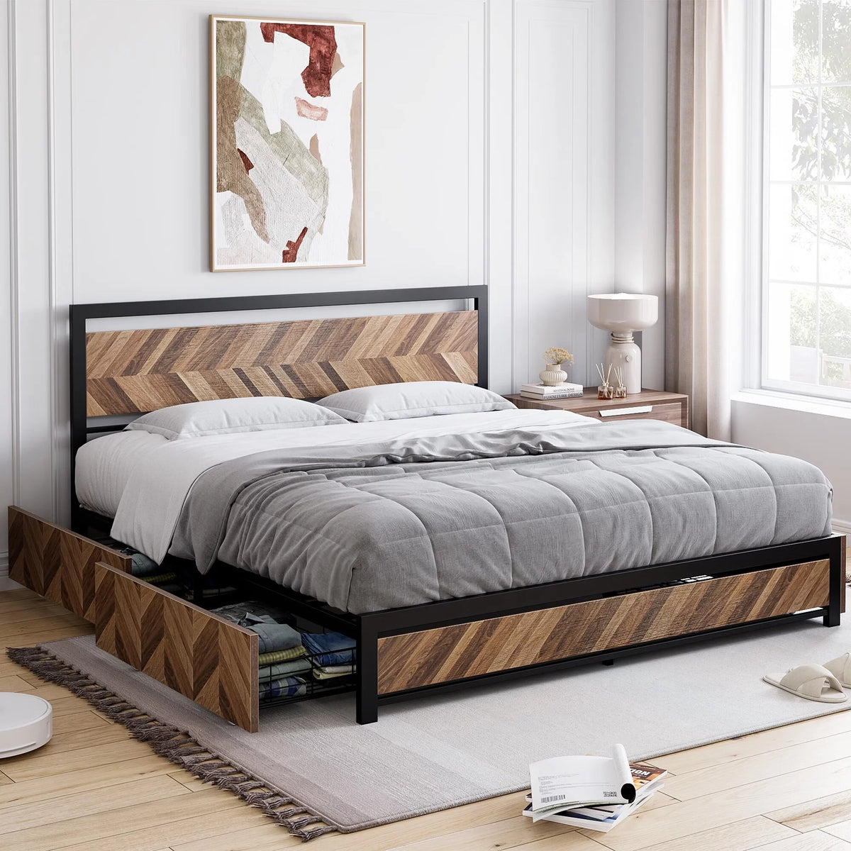 Metal Bed Frame with 4 Storage Drawers, Vintage Wood Headboard, Full Size N84236