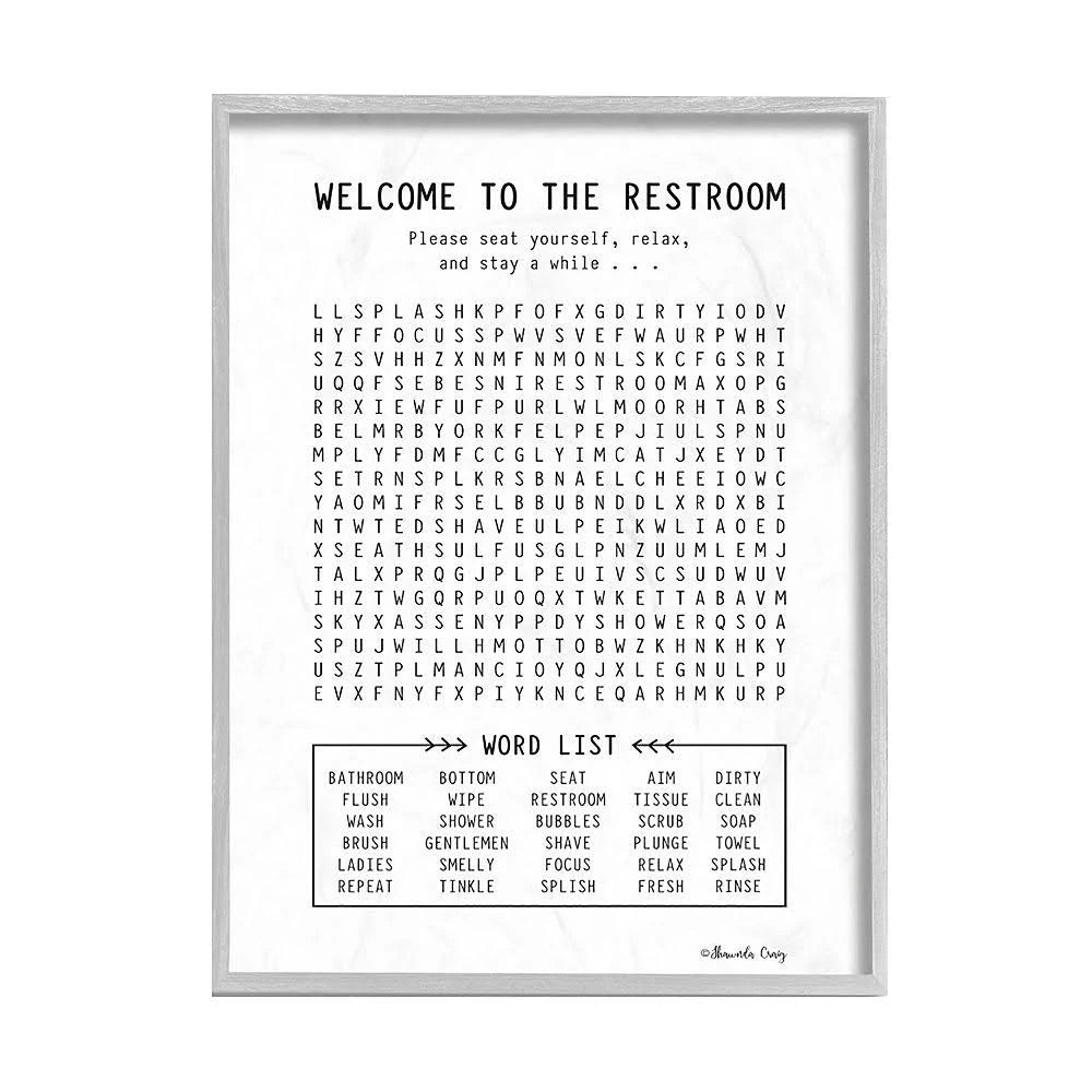 Black and White Restroom Crossword Puzzle Sign M3854