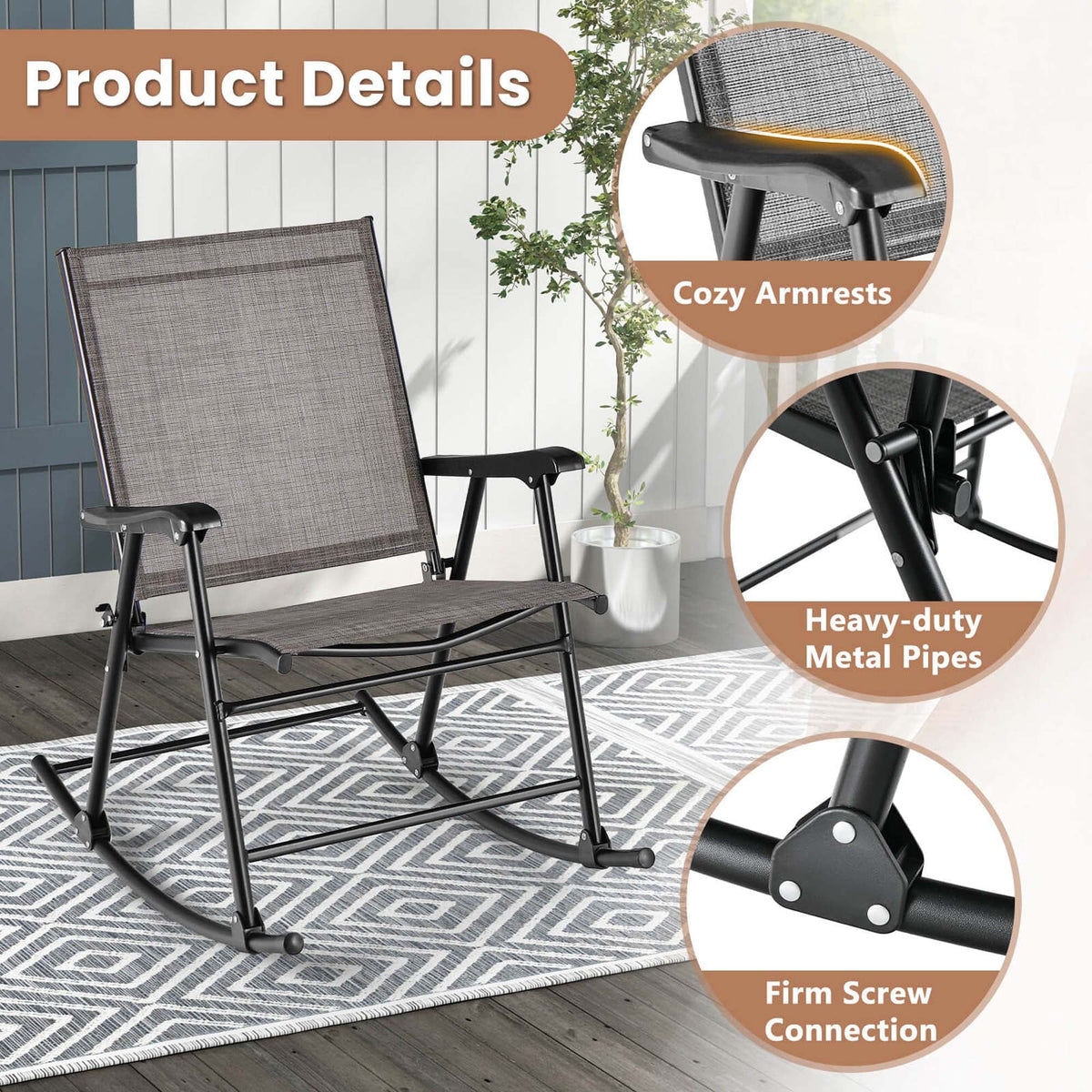 2pcs Patio Folding Rocking Chair Metal Frame E959266