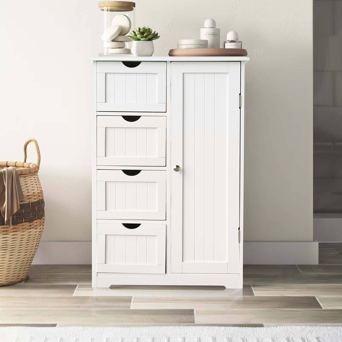 White 4 Drawers Bathroom Storage Cabinet with 2 Shelves V590