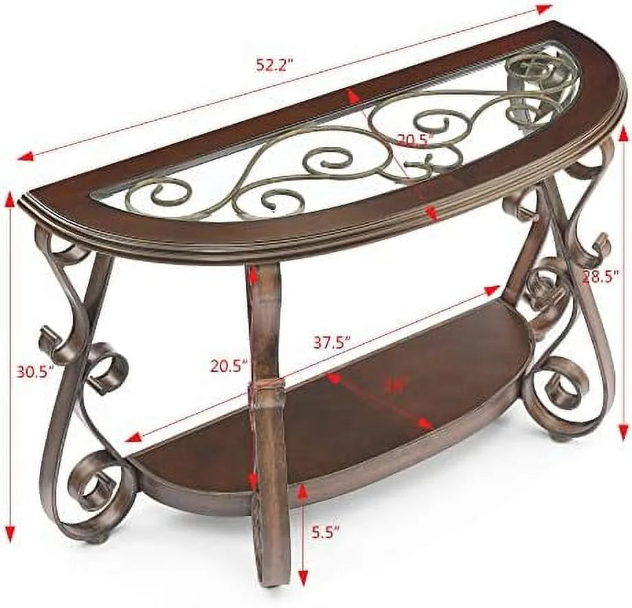Half Round Console Table with Glass Top and Metal Legs P358829