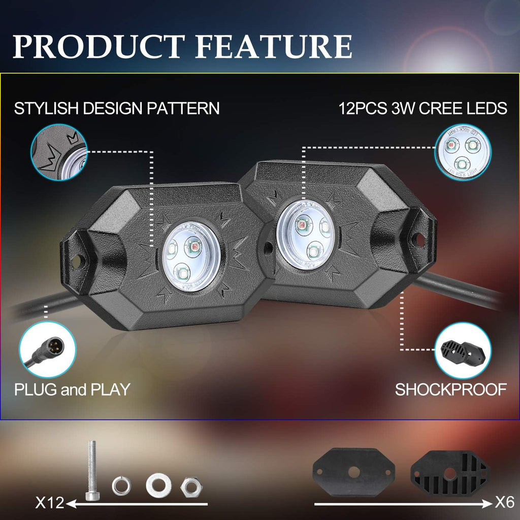 6 Pods Multicolor LED Rock Light Kit with Bluetooth Controller Pack of 2 T3898