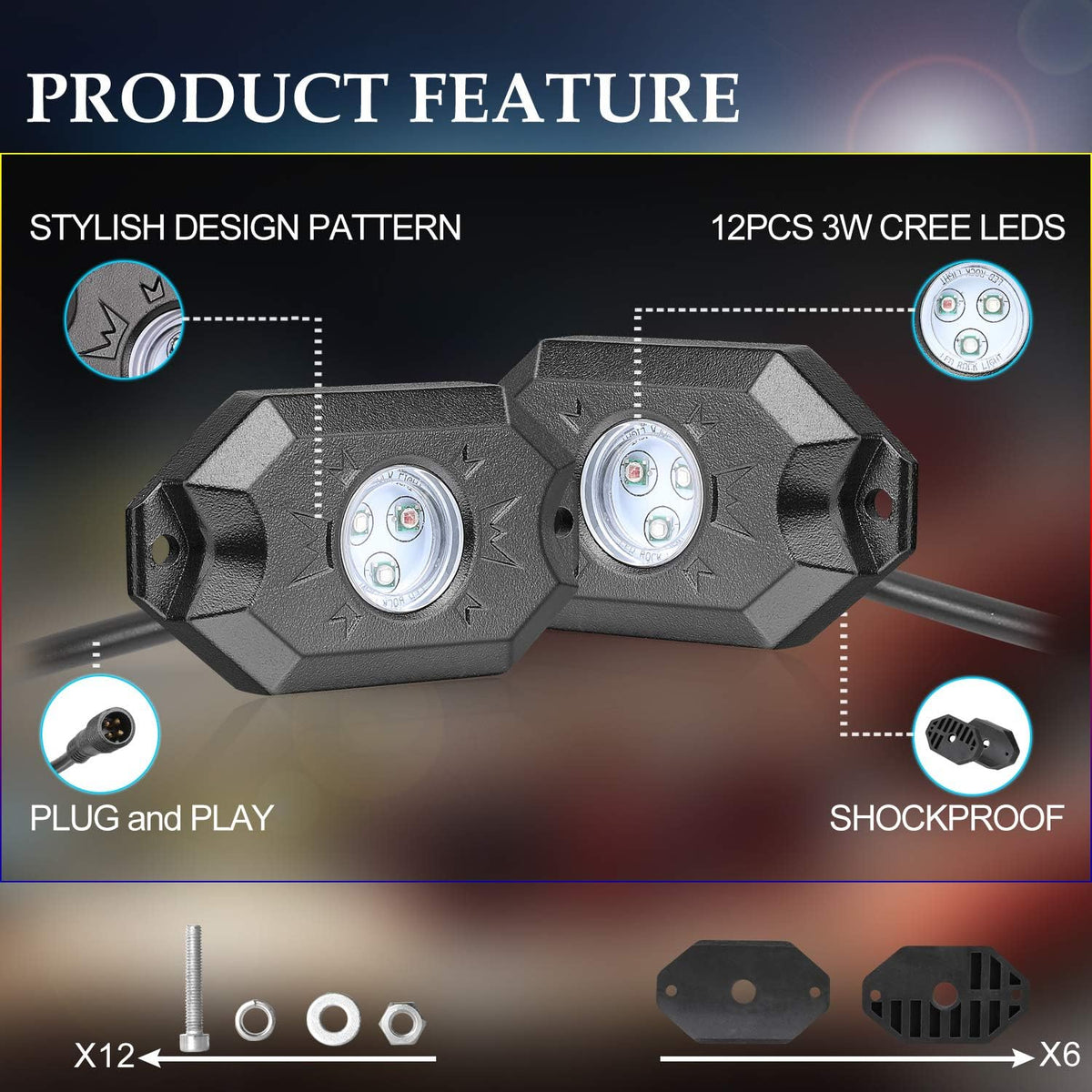 6 Pods Multicolor LED Rock Light Kit with Bluetooth Controller Pack of 2 T3898