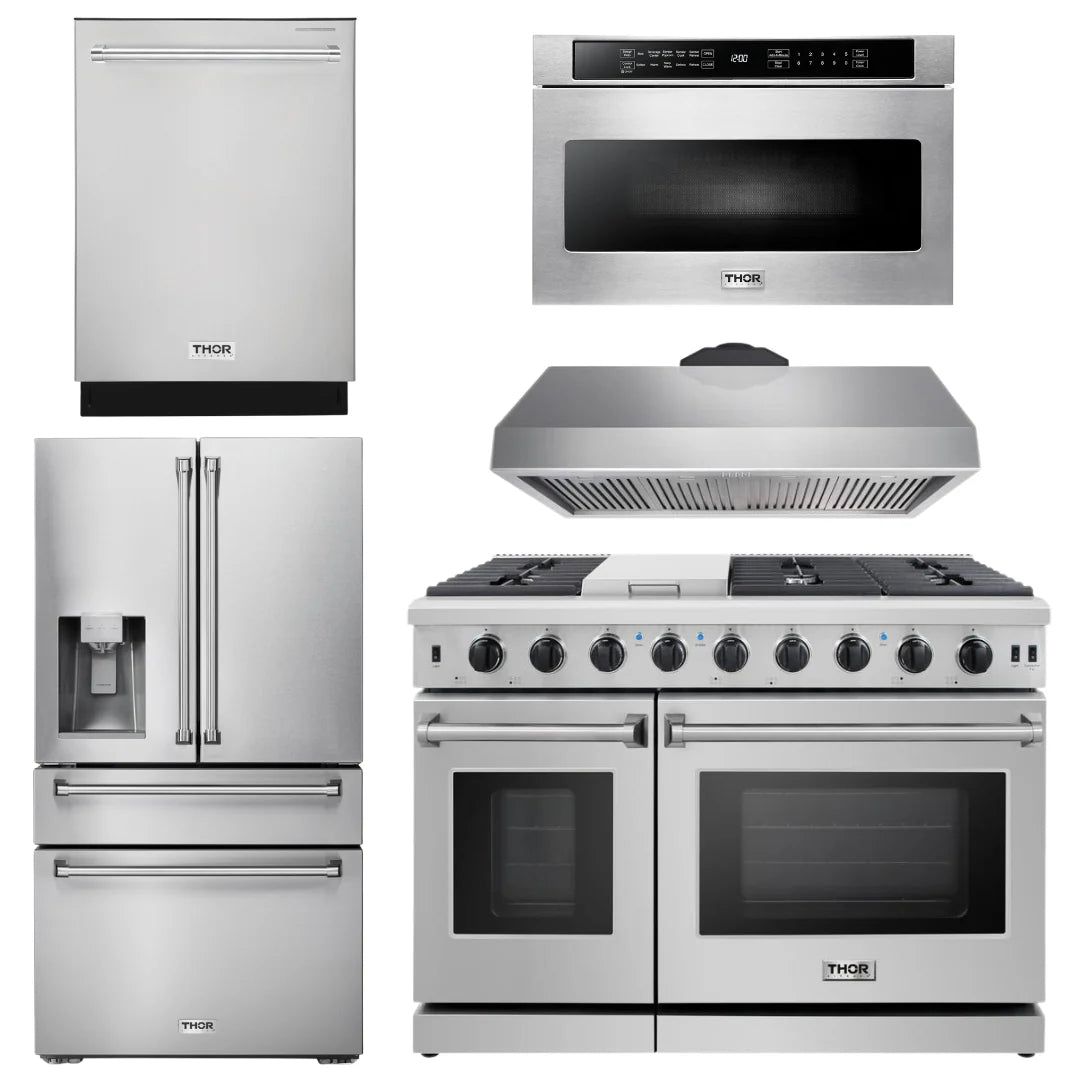 48 Propane Gas Range, Range Hood, Dishwasher, Refrigerator with Water and Ice Dispenser, Microwave I3322