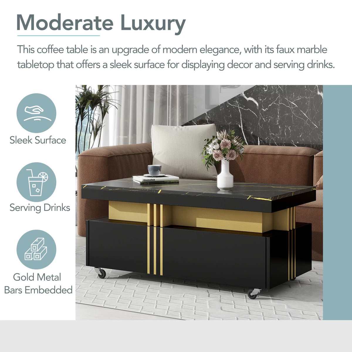 Black Faux Marble Coffee Table with Caster Wheels S54663
