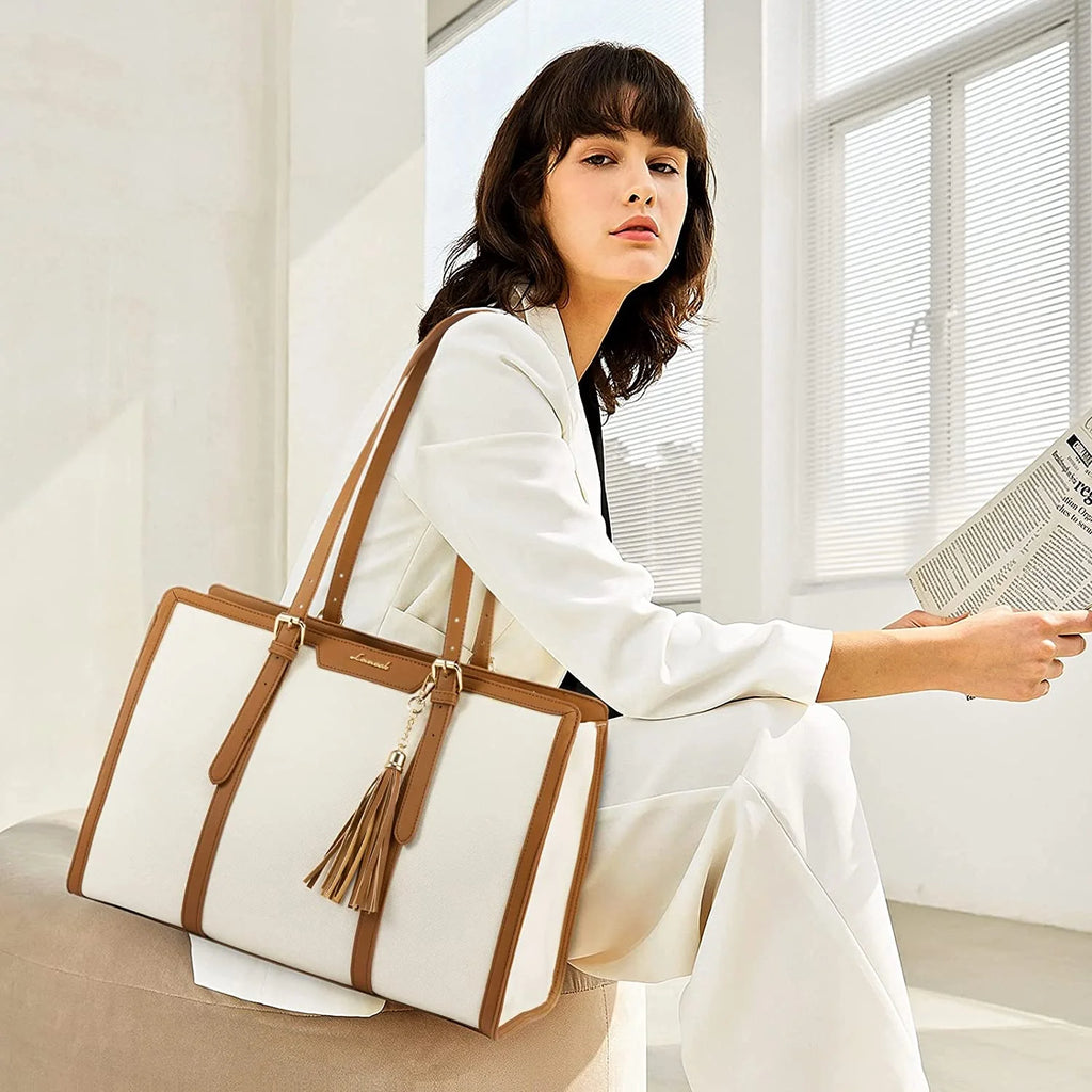15.6 inch Canvas Laptop Tote Bag with Clutch Purse M448895