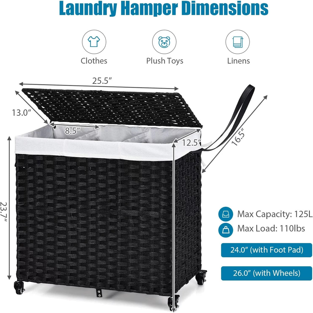 Hand Woven Rattan Laundry Hamper with Lid and Wheels A9681