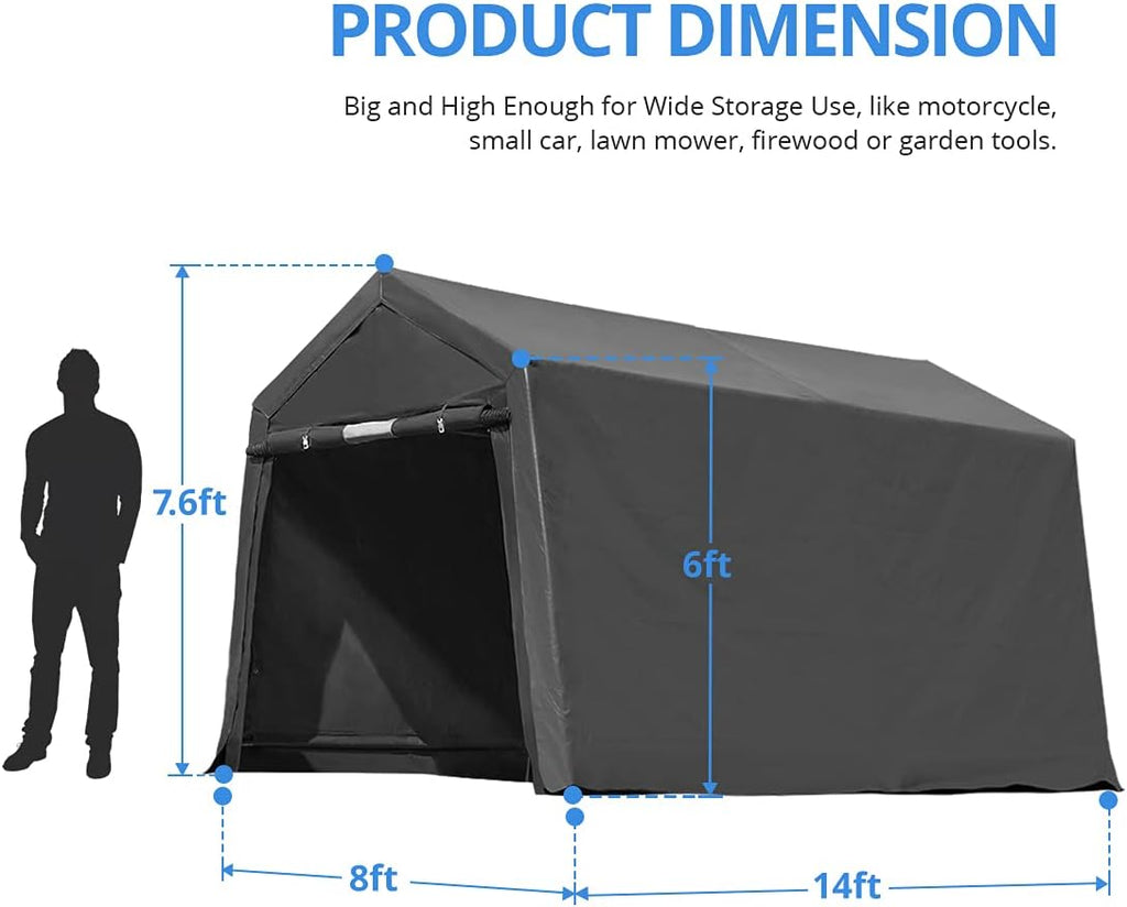 Gray Steel Metal Peak Roof Portable Garage Shelter Storage Shed Carport with 2 Roll up Doors R390015