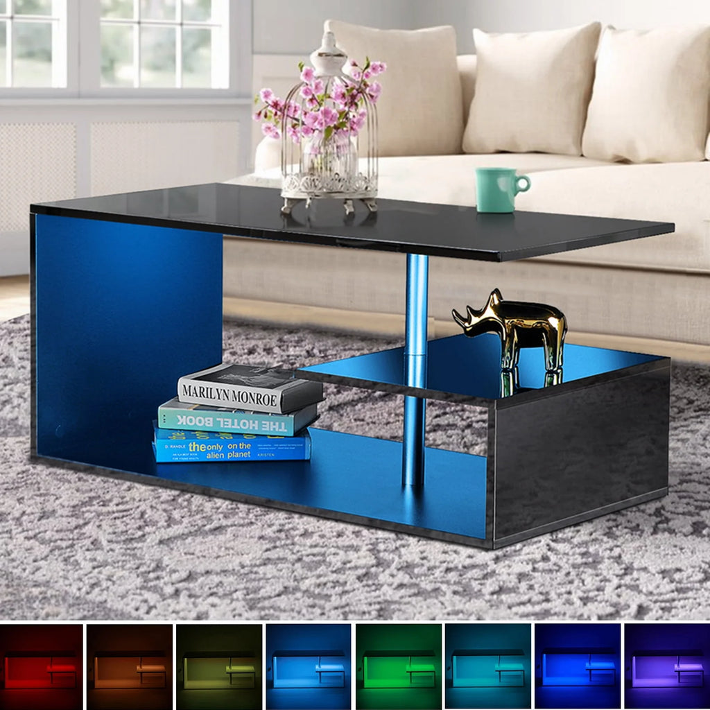 High Gloss Coffee Table with Open Shelf LED Lights White S Shaped P4833