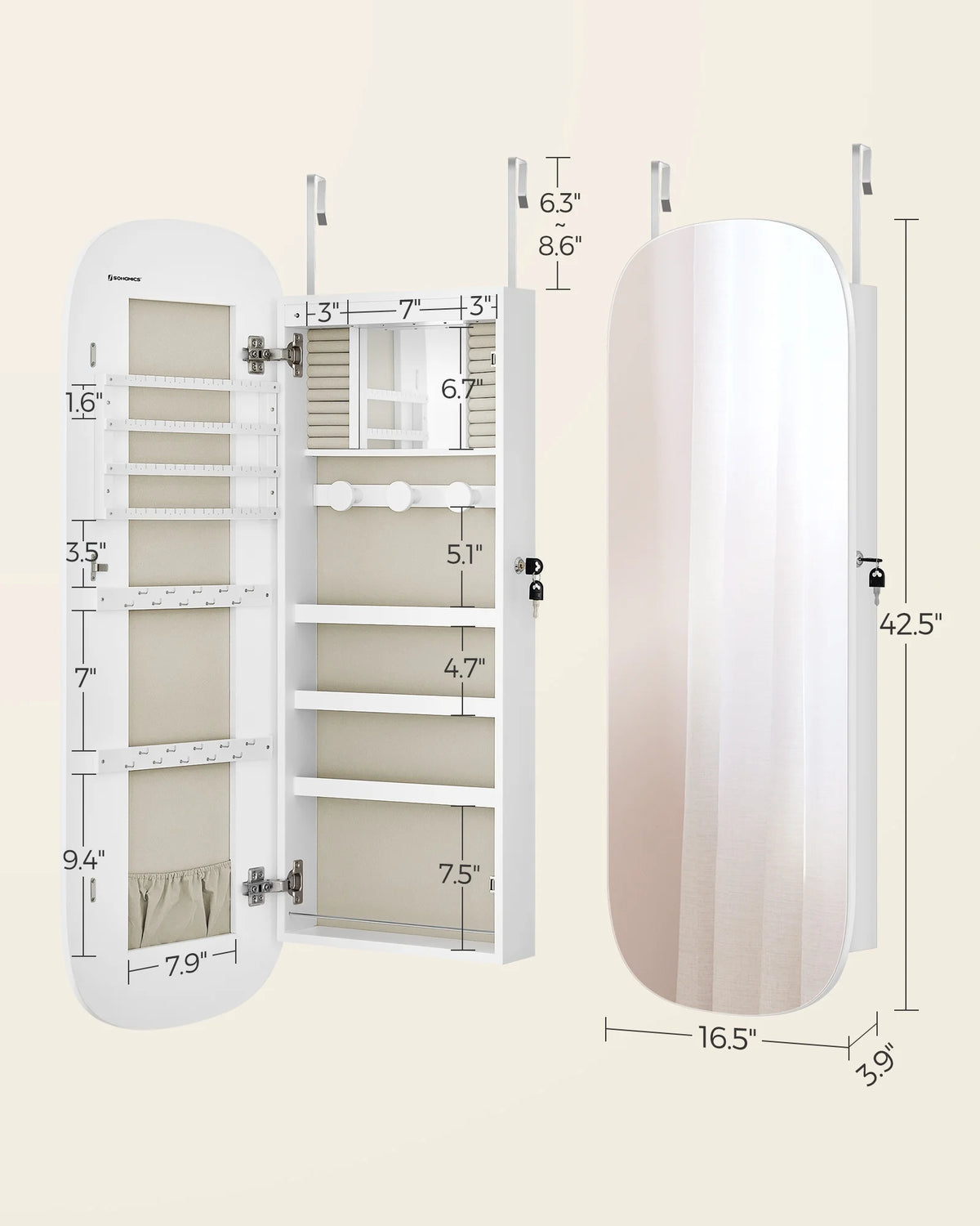 White Lockable Wall Mounted Jewelry Cabinet with Mirror S7894