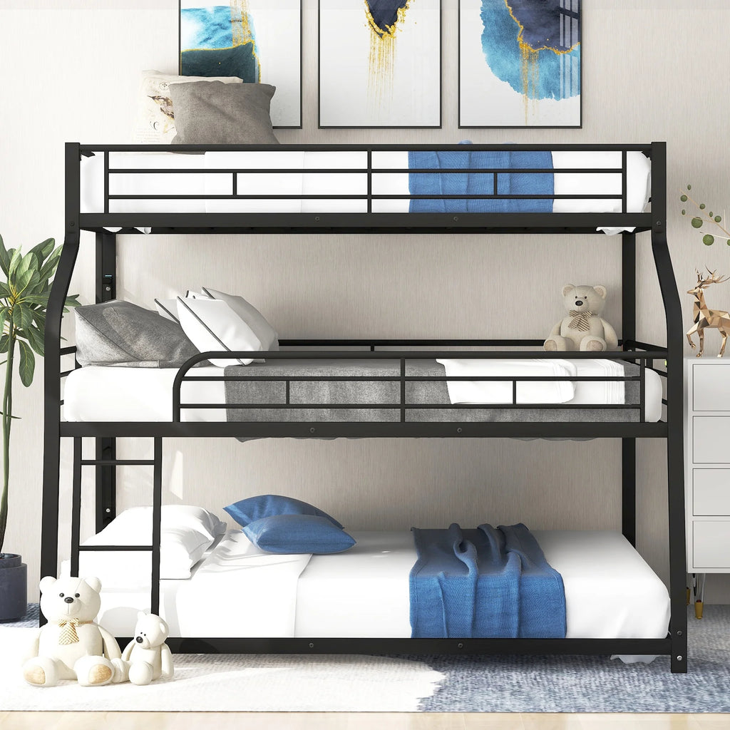 Black Metal Triple Bunk Bed with Ladder and Guardrails M363