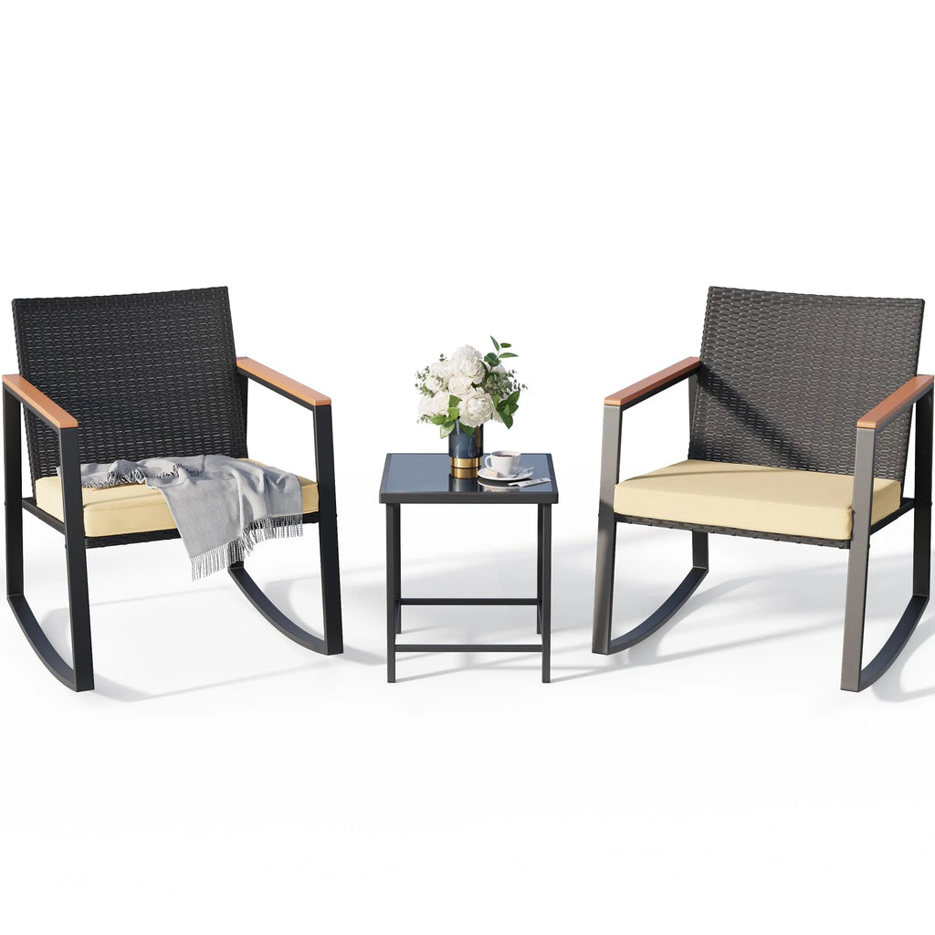 3 Pieces Patio Rocking Chairs Set with Glass Coffee Table W608701