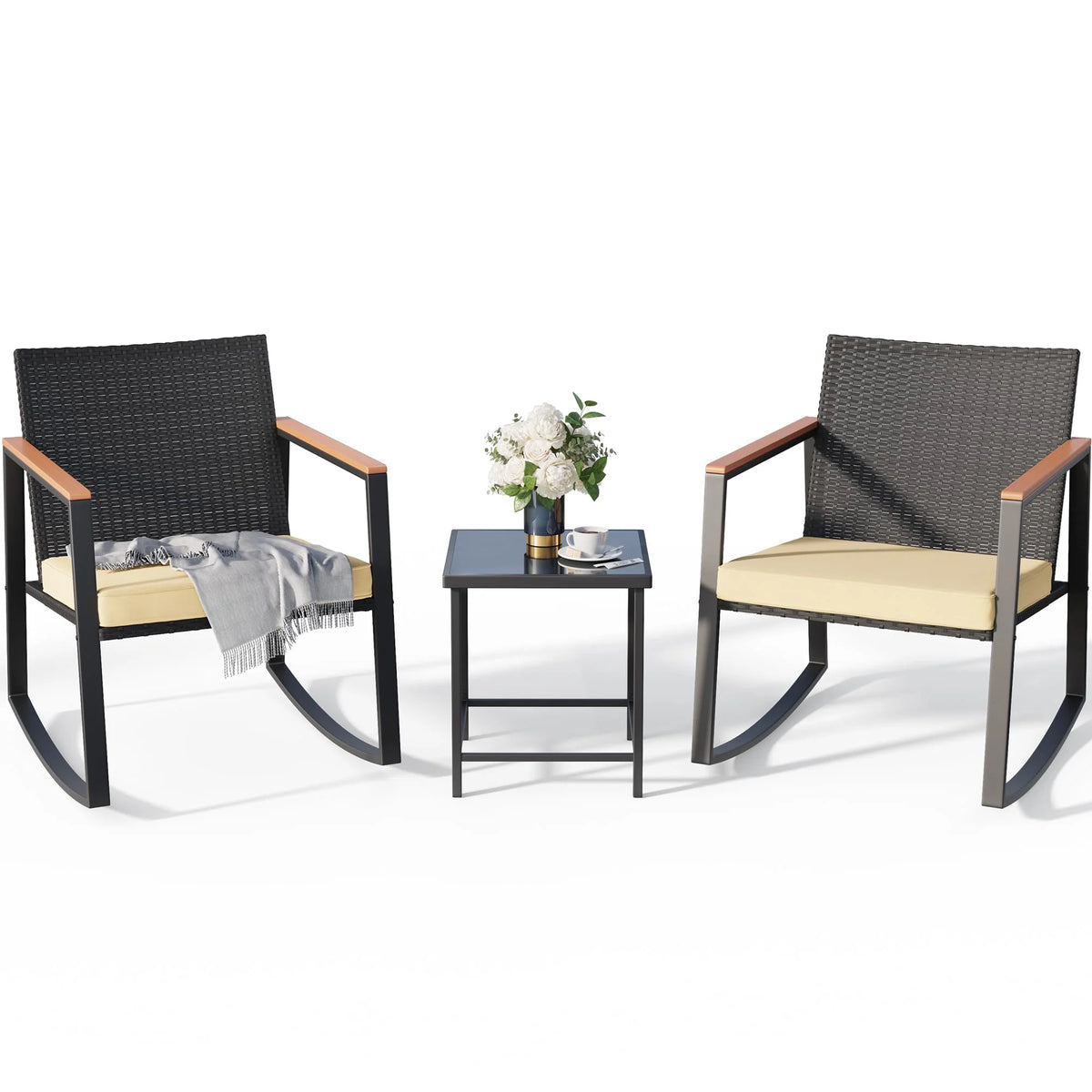 3 Pieces Patio Rocking Chairs Set with Glass Coffee Table W608701