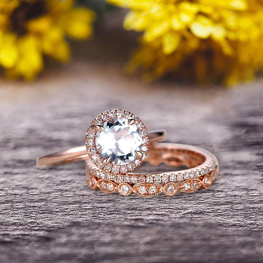 10k Rose Gold 2.25 Carat 6mm Round Cut Aquamarine Engagement Rings With Two Matching Wedding Band Z234