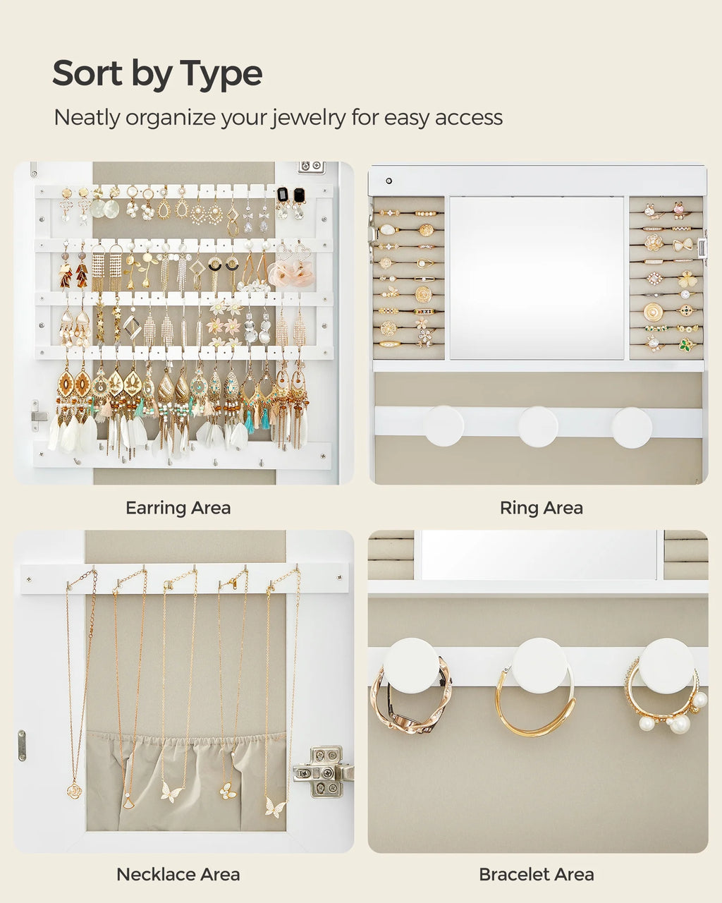 White Lockable Wall Mounted Jewelry Cabinet with Mirror S7894
