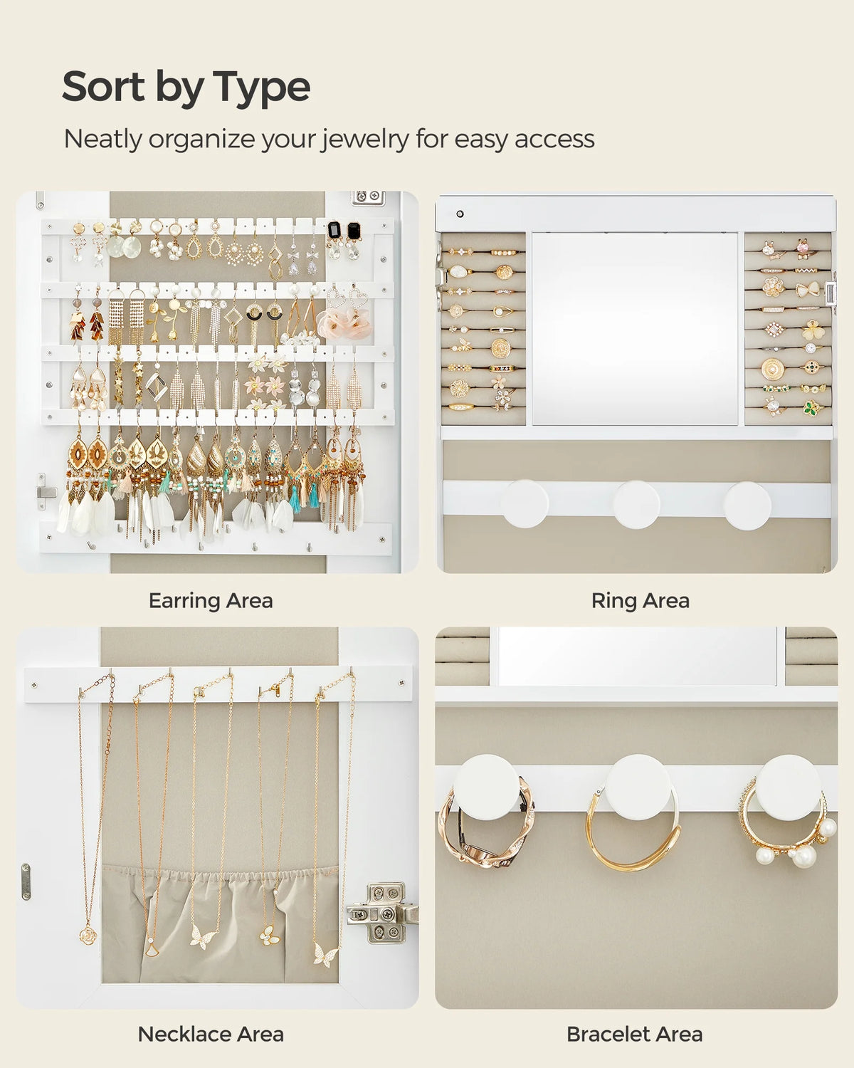 White Lockable Wall Mounted Jewelry Cabinet with Mirror S7894