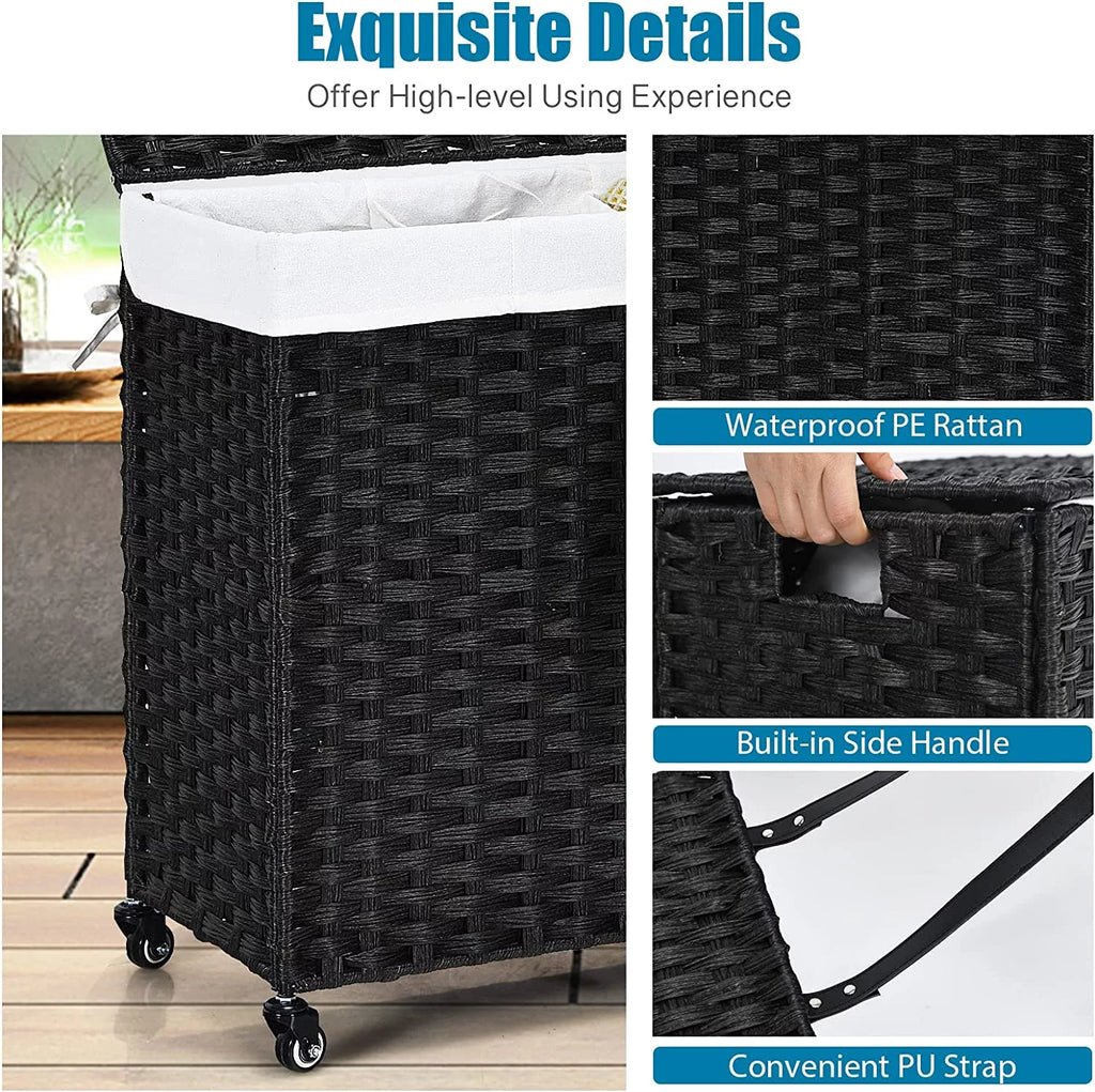 Hand Woven Rattan Laundry Hamper with Lid and Wheels A9681