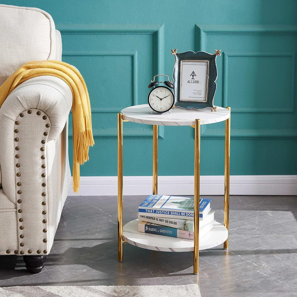 White Marble 2-Tier Square Side End Table with Storage Shelf Y8698