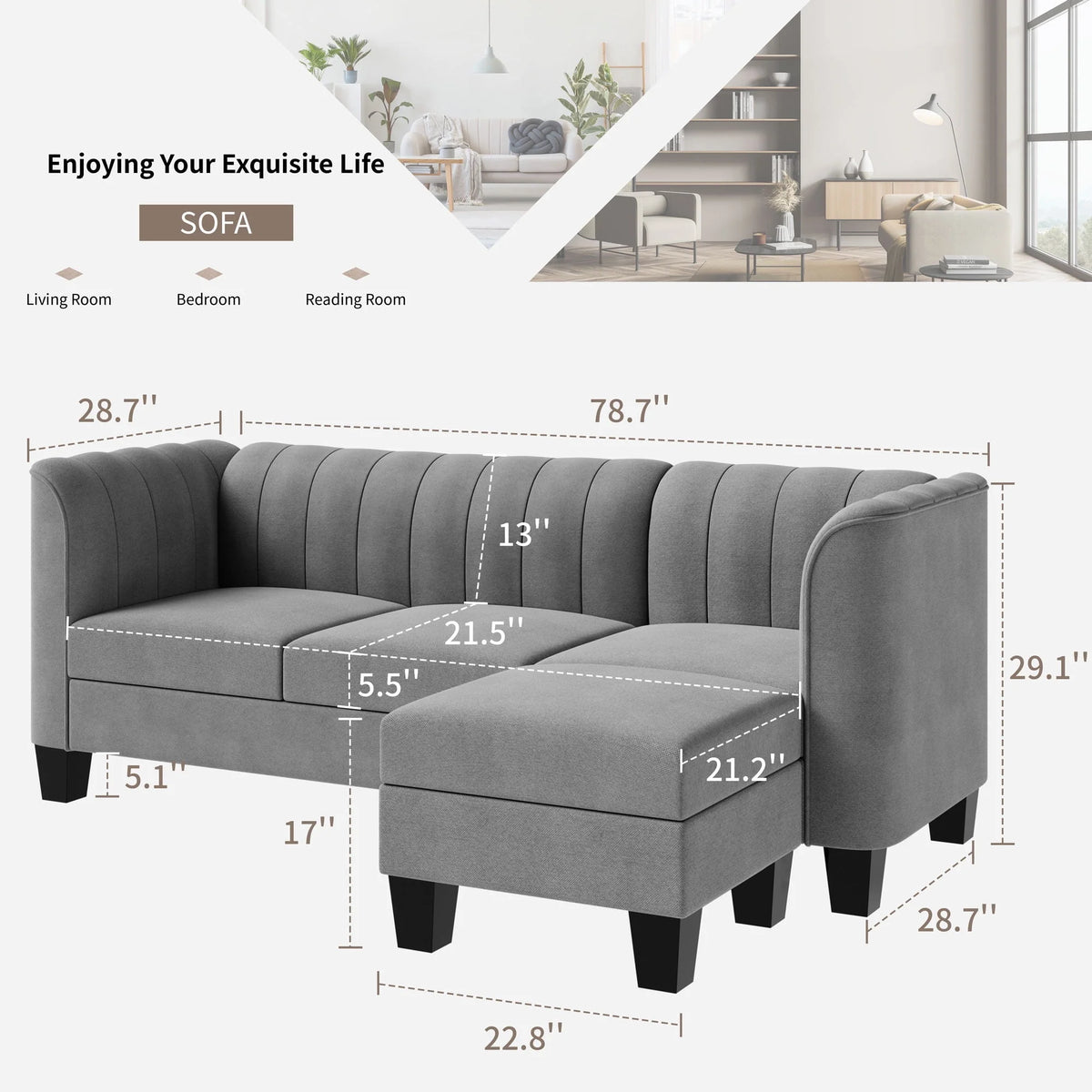 Black L Shaped Linen Fabric Sectional Sofa Y76415
