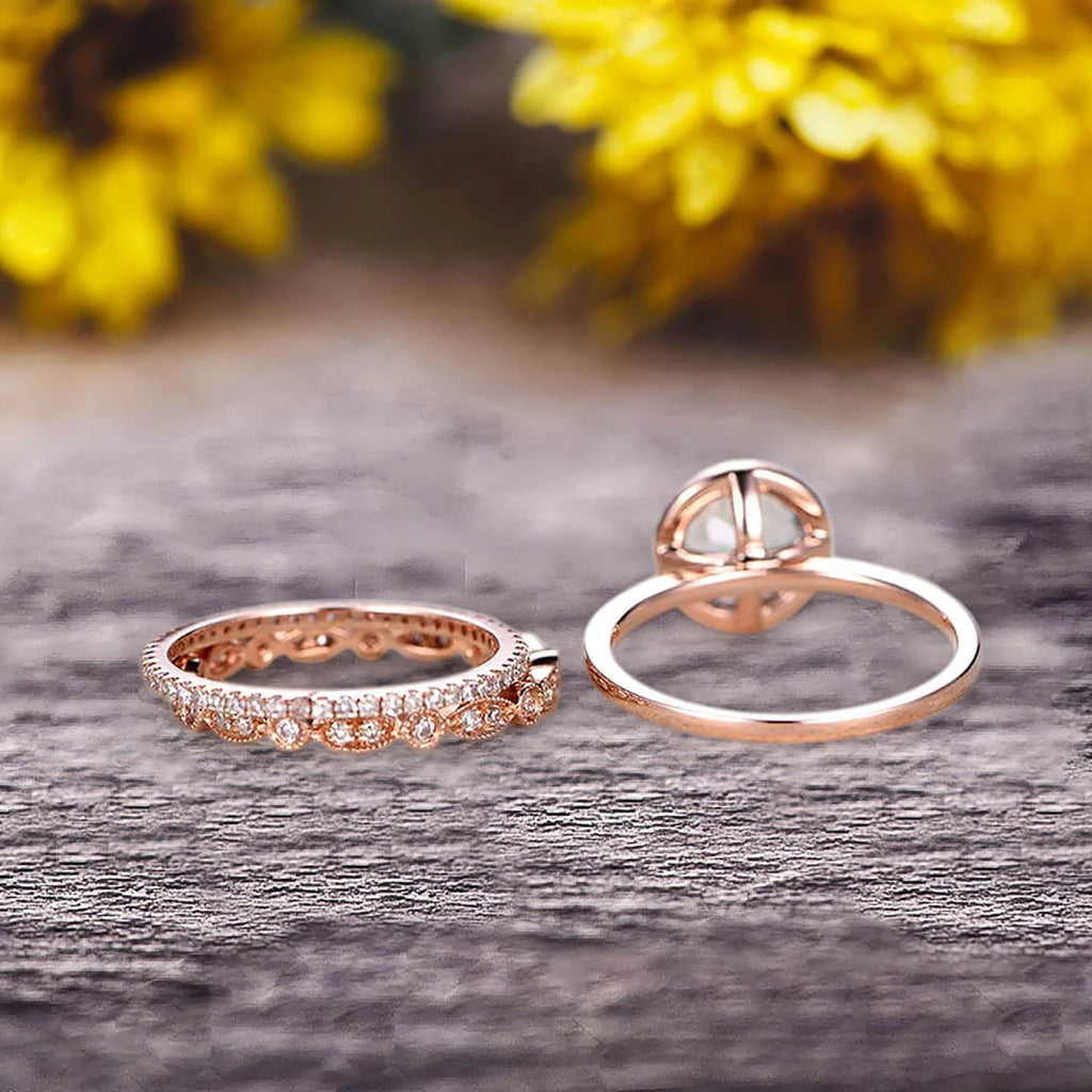 10k Rose Gold 2.25 Carat 6mm Round Cut Aquamarine Engagement Rings With Two Matching Wedding Band Z234