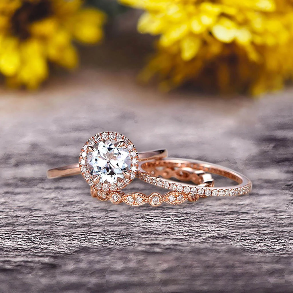 10k Rose Gold 2.25 Carat 6mm Round Cut Aquamarine Engagement Rings With Two Matching Wedding Band Z234