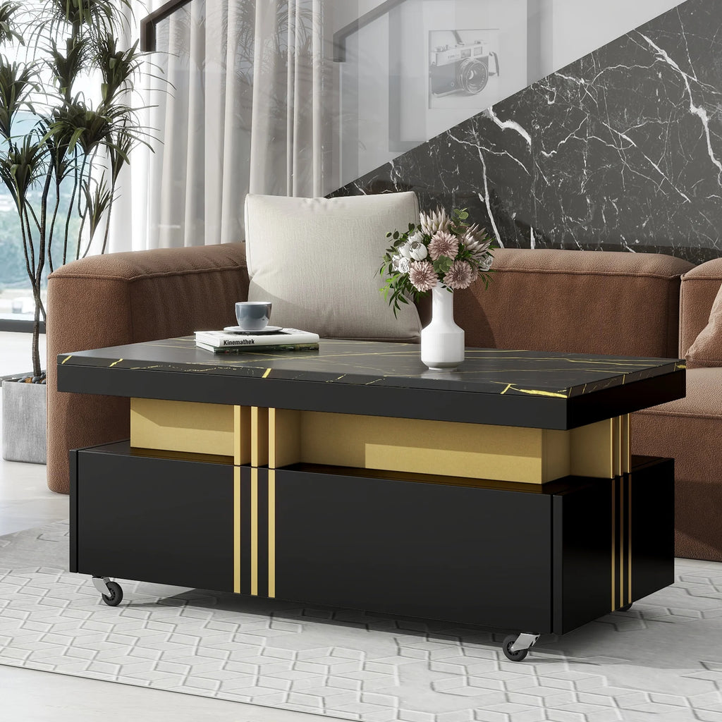 Black Faux Marble Coffee Table with Caster Wheels S54663