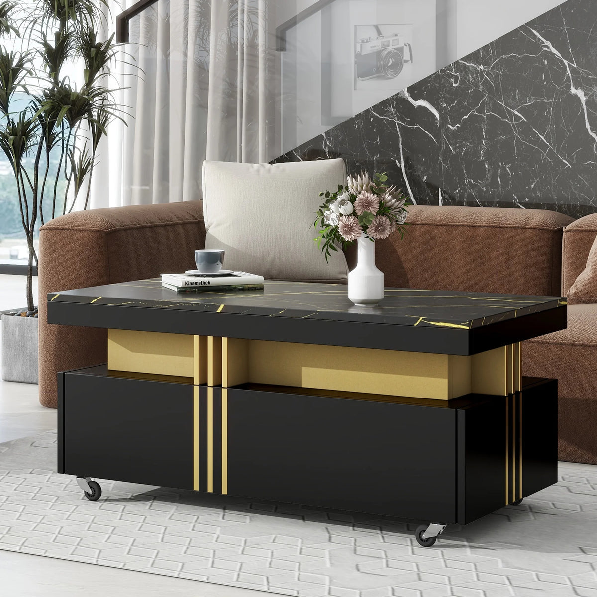 Black Faux Marble Coffee Table with Caster Wheels S54663