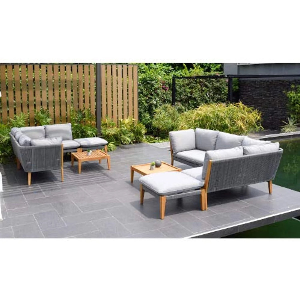 8pc Teak Finish Patio Seating Set with Cushions T467855