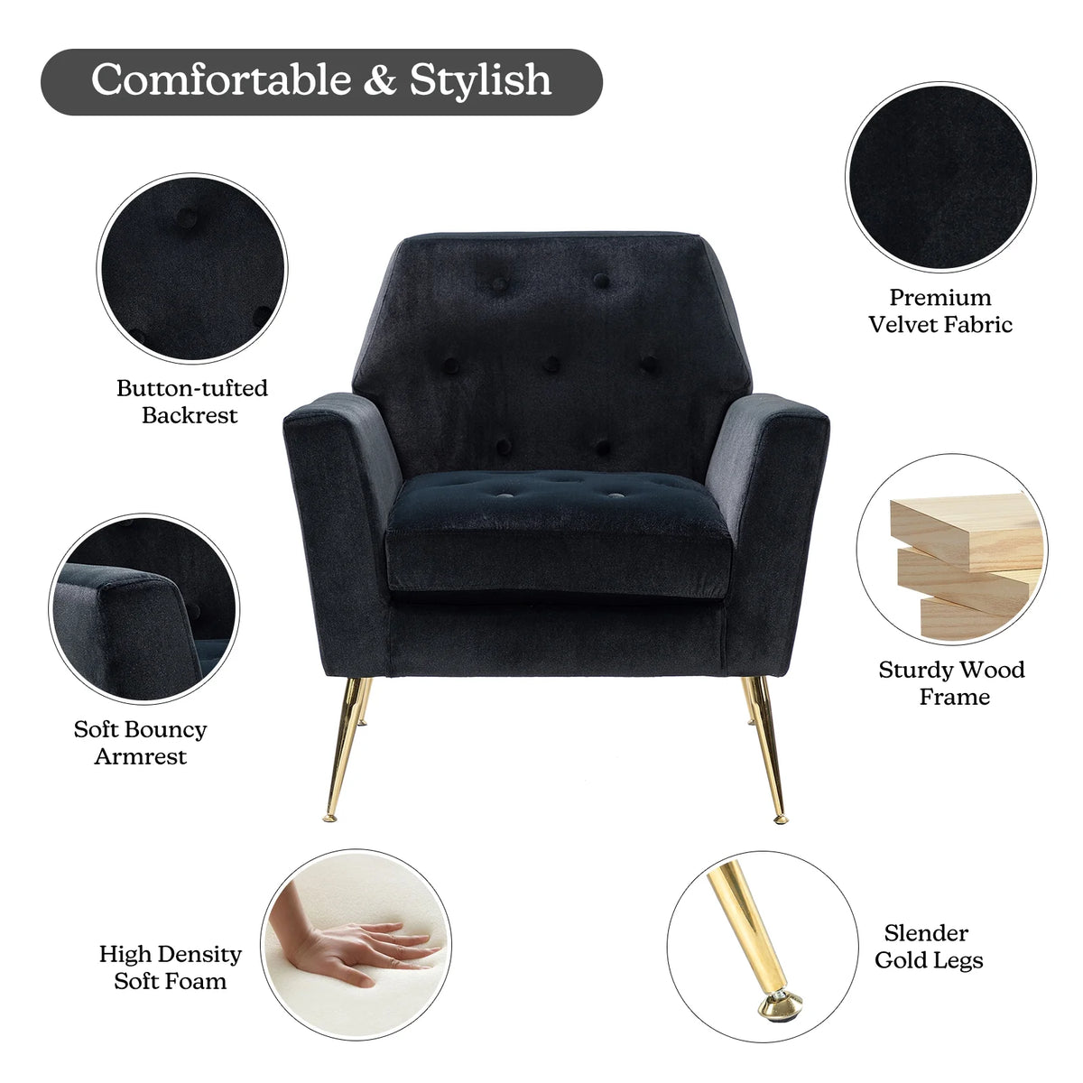 Black Velvet Upholstered Armchair Set of 2 L3140