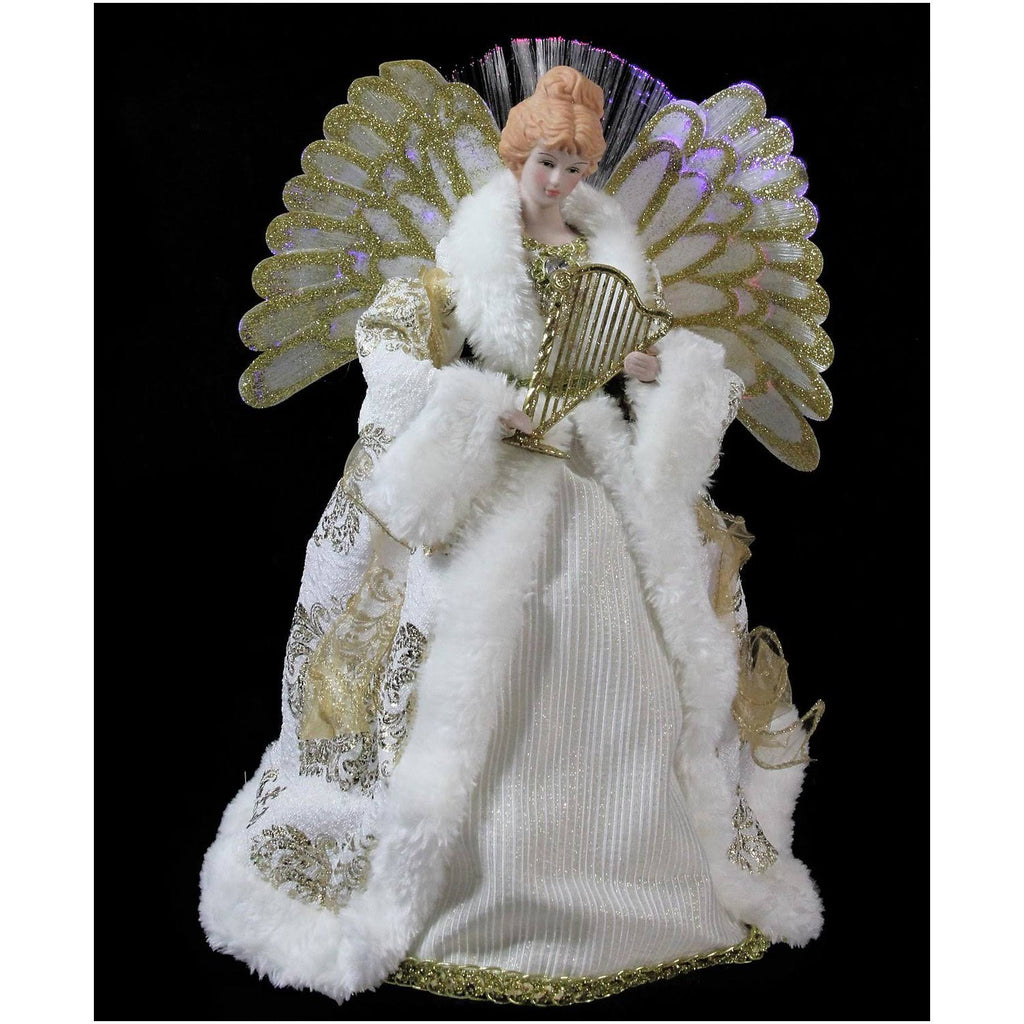 12x22 Lighted Fiber Optic Angel in Gold and Cream Gown with Harp Christmas Tree Topper T4173