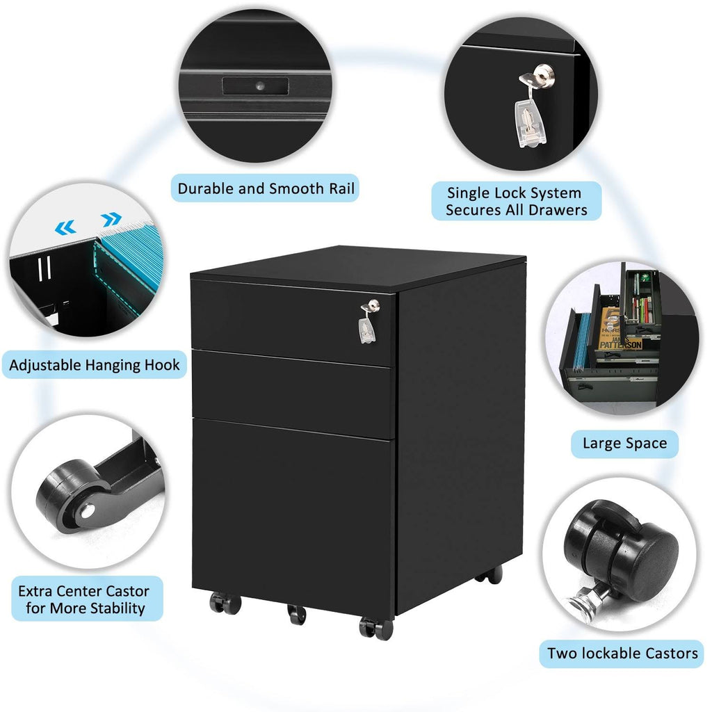 Black Metal 3 Drawer Lockable File Cabinet T873972