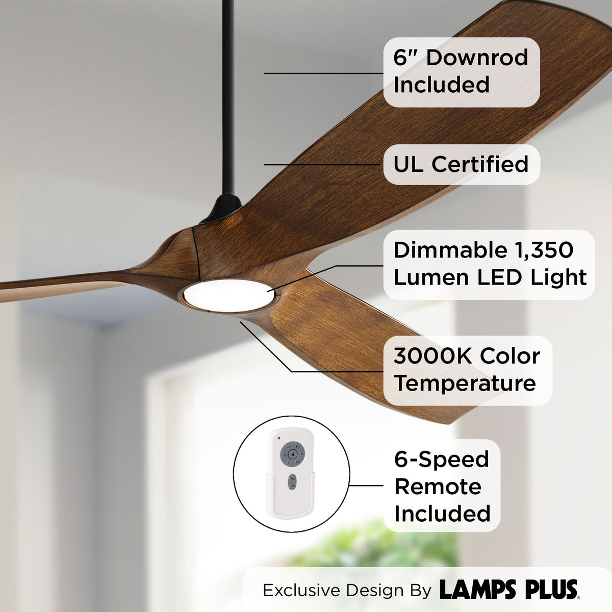 70" Black Koa Damp Rated Indoor Outdoor Ceiling Fan with Dimmable LED Light Remote A8464