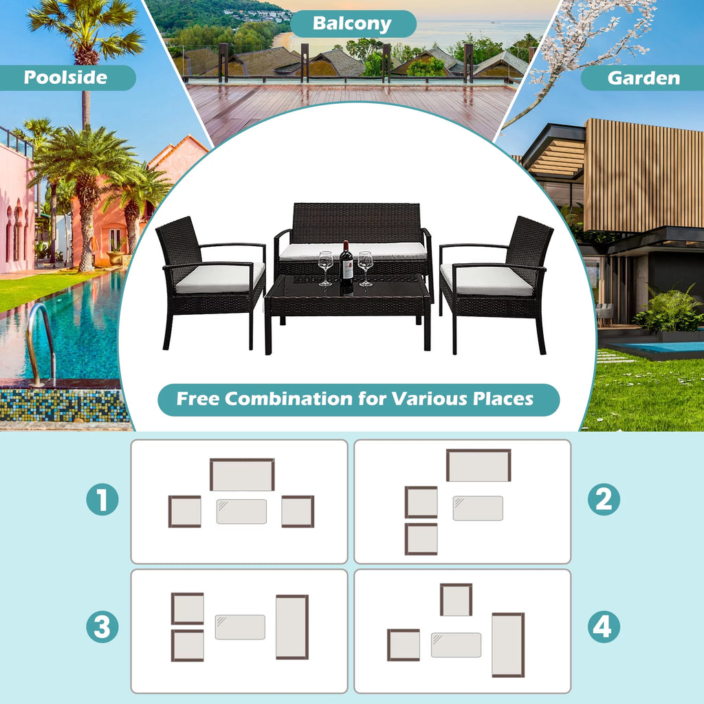 4 Pieces Rattan Cushioned Sofa Table Set T398