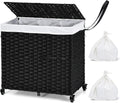 Hand Woven Rattan Laundry Hamper with Lid and Wheels A9681