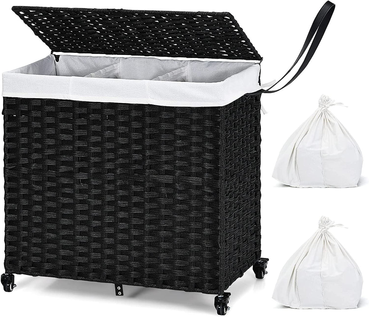 Hand Woven Rattan Laundry Hamper with Lid and Wheels A9681