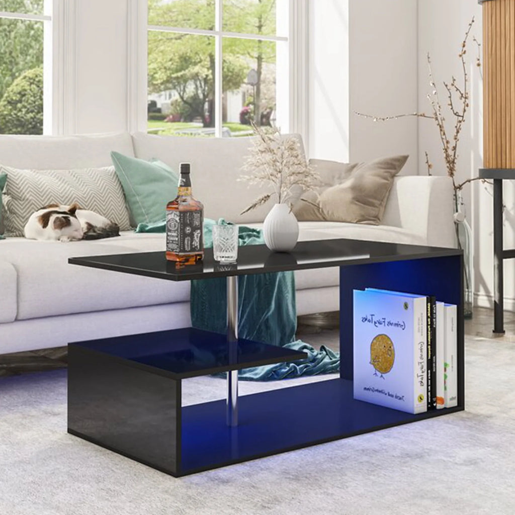 High Gloss Coffee Table with Open Shelf LED Lights White S Shaped P4833