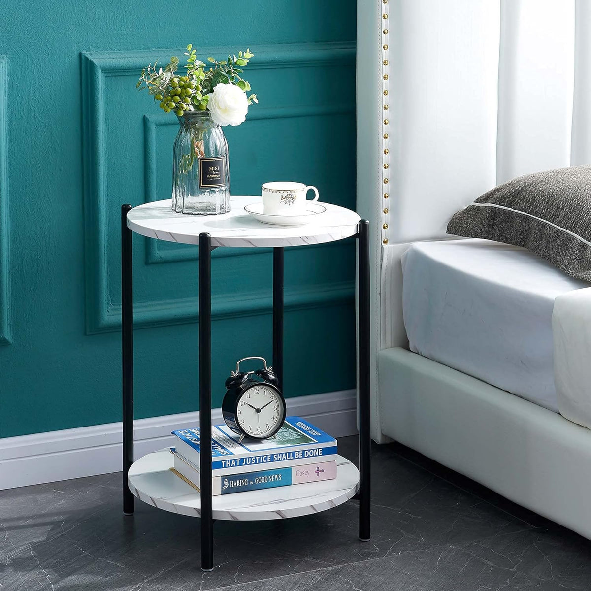 White Marble 2-Tier Square Side End Table with Storage Shelf Y8698