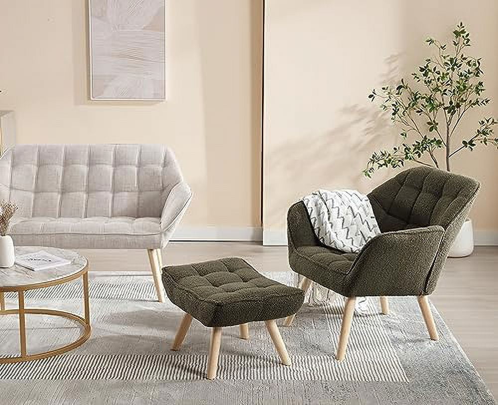 Small 2-Seat Green Sherpa Loveseat with Wood Legs J820